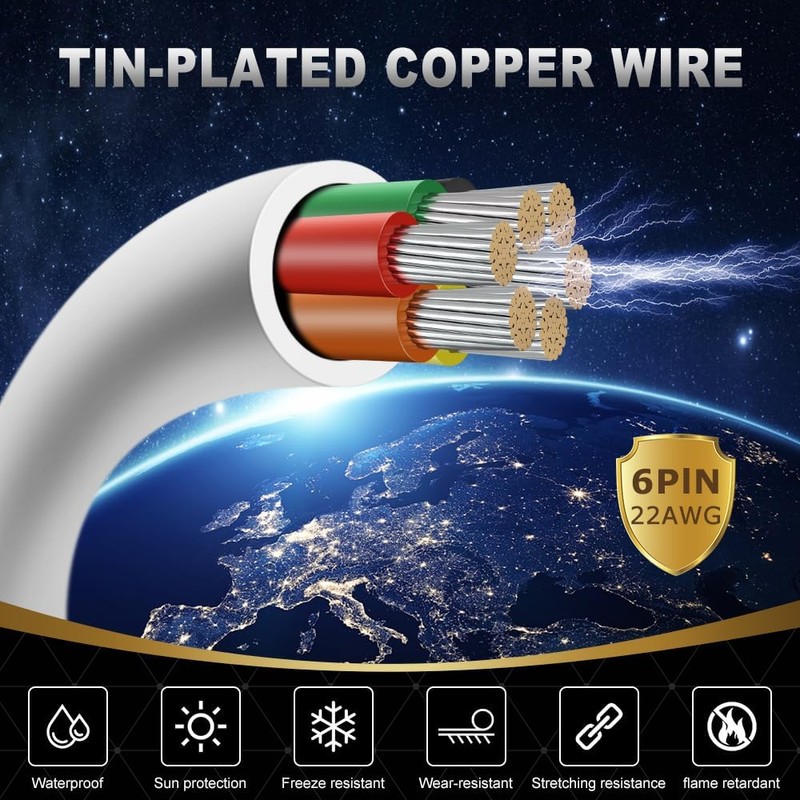 22 Gauge 6 Conductor Electrical Wire, 65.6FT White Stranded Low