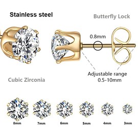 Thokono 6 Pairs of Earrings Stud Earrings Set Stainless Steel Hypoallergenic Sparkling CZ Diamond Stud Earrings Cubic Zirconia Stud Earrings for Women Men Girls Men 3 mm - 8 mm, Stainless Steel, CZ