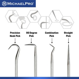 MichaelPro 4-Piece Precision Hook and Pick Set, Precision 90 Degrees, Hook, Combination and Straight Hooks and Picks, Easily Remove Hoses and Gaskets | MP002037