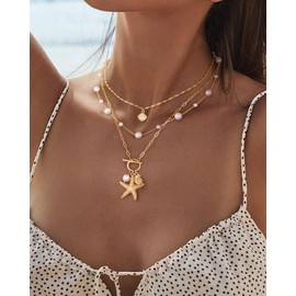 MJartoria Shell Necklace for Women, Layered Starfish SeaShell Pearl Pendant Charm Necklace, Adjustable Brass Chain Stack Jewerly for Summer Beach