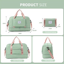 FIORETTO Foldable Weekend Bag Overnight Hospital Bag with Shoes Compartment & Wet Pocket, Water Resistant Gym Duffle Bag for Travel Holdall for Women Men Green&Pink