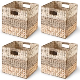 CHI AN HOME 12x12 Wicker Storage Cube Bins for IKEA KALLAX, Natural Wicker Storage Basket, Hyacinth Cube Storage Bin, Cube Storage Baskets, Cubby Woven Baskets, Wicker Baskets for Organizing Set of 4