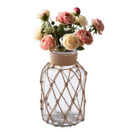 Clear Glass Flower Vase with Rope Wrapping 8x16 cm/3x6.3 Inch Wide Mouth Woven Vase Decorative Floral Bottle Bud Vase for Table Centerpiece Home Decor Wedding Party (Not Include Flowers)