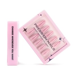 Pink Almond Shaped Press on Nails Kit Medium Fake Nails Glossy Reusable Solid Color False Nails with Designs Full Cover Acrylic Nails Stick on Nails Set for Women Nails Manicure Decoration 30 Pcs