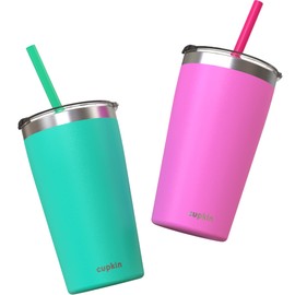 CUPKIN Toddler Tumblers, The Original 12 oz Stackable Stainless Steel Cups, Set of 2 Powder Coated Insulated Kids Water Bottle Alternative + BPA Free Lids + Reusable Silicone Straws (Green + Pink)