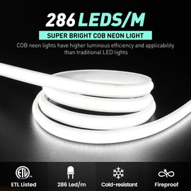 GZBtech Silicone COB Neon Rope Lights 16.4FT/5M, 6000K Super Bright Cold White Waterproof Neon Strip Light, AC 110-120V Flexible Soft Cuttable Tape Rope Lighting for Indoor Outdoor Home Commercial