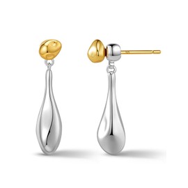 Grozilym 925 Sterling Silver Post Teardrop Dangle Earrings for Women Trendy, Hypoallergenic Nickel Free Cute Dainty Unique Drop Earrings for Sensitive Ears Women, Gold and Silver Two Tone Earrings