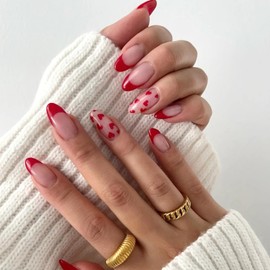 24Pcs Valentines Press on Nails Almond Red French Tip Fake Nails Medium Acrylic Nails Cute Heart Nails Designs Glossy Nude Pink Artificial False Nail Valentines Day Nail Art Decoration for Women Girls