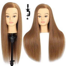 HAIRWAY Cabeza de maniquí de cabello humano de 24 pulgadas, 100% cabello humano, para cosmetología, peluquería, con soporte de sujeción (marrón claro).