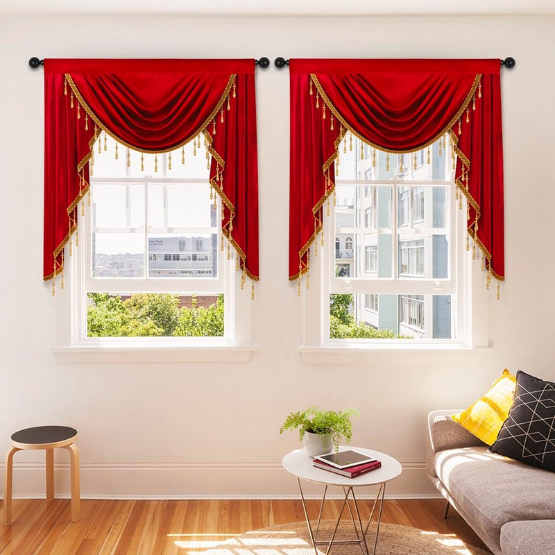 ELKCA Luxury Burgundy Red Velvet Curtain Valances for Living Room