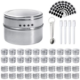 LECEHIVO 40 Pcs Magnetic Spice Tins with Clear Lids Stainless Steel Sift Spice Storage Containers Set with 4 Pens, 10 Sheets Labels, 5 Weighing Spoons,for Fridge Grill