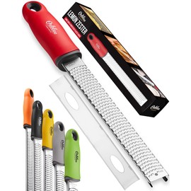 Orblue Lemon Zester & Cheese Grater - Premium Citrus Zester, Kitchen Grater for Parmesan, Chocolate, Fruits, Vegetables, Ginger, Garlic, Nutmeg - Stainless Steel Blades with Protective Cover, Red