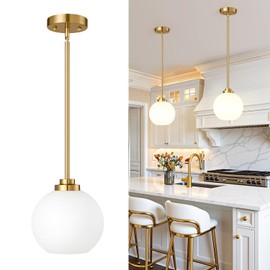 Modern Gold Pendant Lights Kitchen Island (7.2-Inch, 2 Pack), Mid Century Globe Milk Glass Pendant Light Fixtures, Brass Hanging Island Lights for Kitchen Island Dining Room (Bulbs not Included)