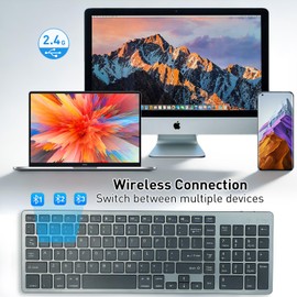 KUNSI Wireless Keyboard,Bluetooth and 2.4G USB Wireless Keyboard,Rechargeable Slim Quiet Typing Keyboard for Mac/Windows -Space Grey
