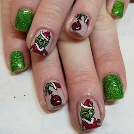 Christmas Short Square Fake Nails Christmas Press on Nails Cute Cartoon Xmas Press ons Acrylic Nails Full Cover Nude Artificial on Nails Glossy Stick on Nails for Women and Girls Holiday Nails