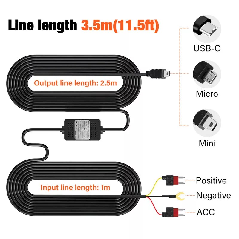 Universal Dash Cam Hardwire Kit Mini/Micro/USB C Hard Wire Cable