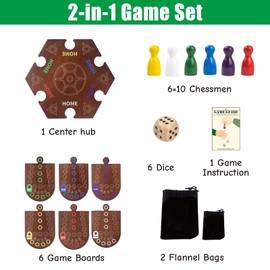 Wahoo Board Game and Checkers 2 in 1, Fast Track Board Game, Wooden Original Marble Game, 6 Players, Double Sided, 6 Colors, 60 Pieces, 6 Dice