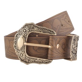 CHIC DIARY Women Western Cowboy PU Leather Belt Vintage Cowgirl Waist Belt Floral Engraved Country Belts for Jeans