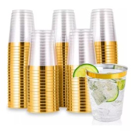 Berry Hip 100 Vasos Desechables Elegantes Plástico 10 Oz Para Fiesta, Bodas, Postre, Cócteles, Vino, Color Dorado