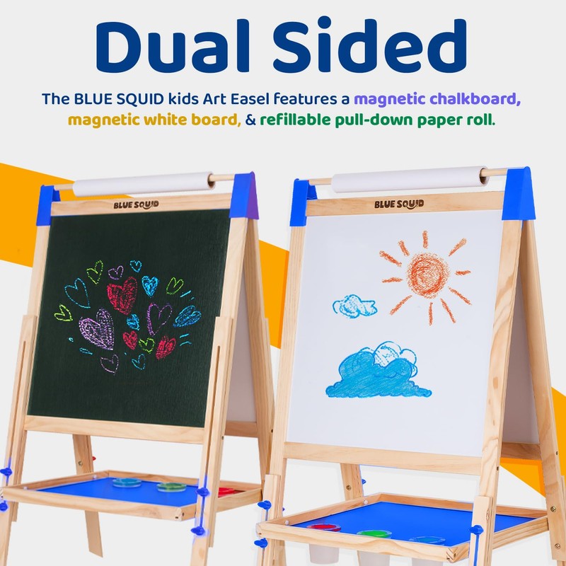 Blue Squid Art Easel for Kids - Dual-Sided Adjustable Wooden