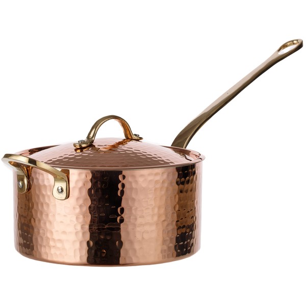 DEMMEX 1.2mm Thick Hammered Uncoated Copper Saucepan with Lid & Helper Handle, Food-Safe Tin Lined (1.7-Quart)