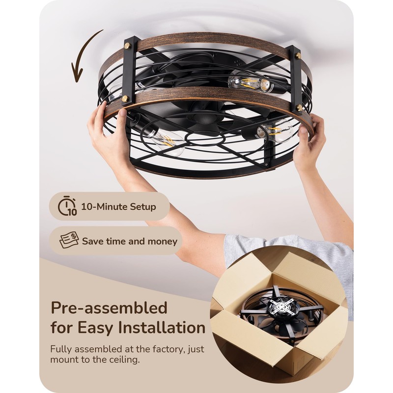 EDISHINE 21" Pre-Assembled Ceiling Fans with Lights Flush Mount, 10%-100%