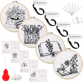Unittype 4 Set Embroidery Kit for Beginners Adults Book Lovers Funny Cross Stitch Embroidery Kit with Bamboo Hoops Needles Threads Instructions Needle Threader(Stylish)