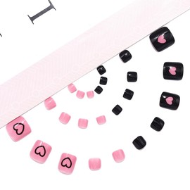 Handcess Glossy False Toenails Black Pink Press on Toe Nail Heart Fake Toenails Full Cover Acrylic Toe Nail Art Tips for Women and Girls 24Pcs