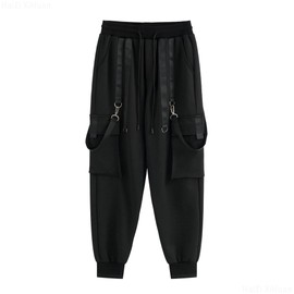 HaiZi XiHuan Mens Harem with Streamer Japanese High Street Casual Joggers Drawstring Pants Tech Cargo Pants(Black,XL)