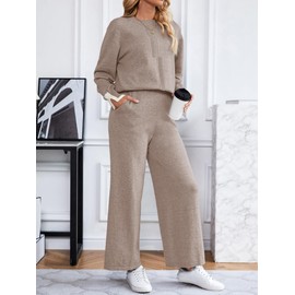 SuperPrity Lounge Sets for Women Fall Fashion 2024 Two Piece Outfits Long Sleeve Knit Top Wide Leg Pants Matching Sweater Set-S,Khaki