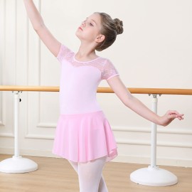 DANSHOW Girls Lace Ballet Jersey for Dance Short Sleeves Ballet Jersey Water Drops Hollow Back Gymnastics Dance Wear, Pink short-sleeved