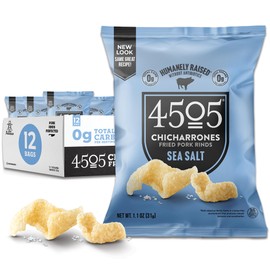4505 Sea Salt Seasoned Chicharrones, Fried Pork Rinds - Sea Salt Flavored Pork Skins - Low Carb, Gluten-Free, Protein Snack - 1.1oz (Pack of 12)