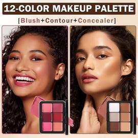 Paleta de Maquillaje Facial, Paleta de 12 Colores de Corrector y Colorete, de larga duración, a prueba de manchas, de aspecto natural, difuminable