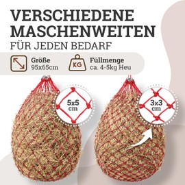 Esposita Large Hay Net for Horses, Hay Bag, Hay Net, Tight Mesh, 5 x 5 cm, Red with Rings and Carabiner Hook, Hay Net Horse Hay Bag for Horses