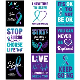 BeYumi Suicide Awareness Poster Set - 9Pcs Suicide Prevention Awareness Month Posters Teal & Purple Ribbon Poster for Mental Health School Supplies Classroom Event Decorations