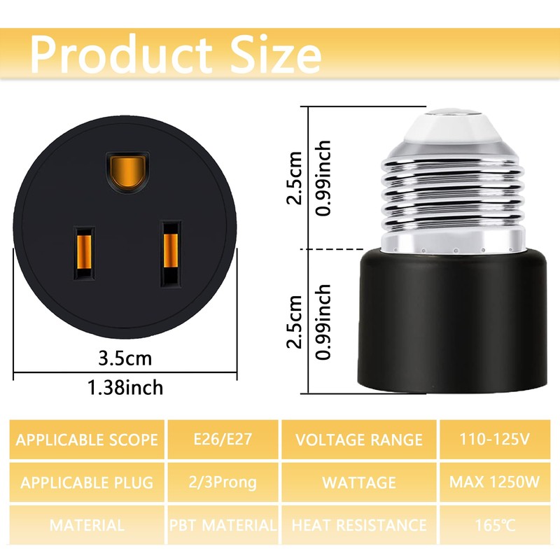 Sevici 3 Prong Light Socket to Plug Adapter 2-Pack, Polarized