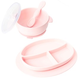 Ullabelle - Pink Silicone Plate and Bowl Set, 4 Pieces, Easy to Clean, BPA Free, Great for Self Feeding and Baby Led Weaning, Freezer and Microwave Safe