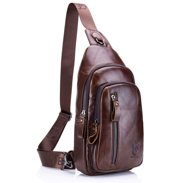 Mens Sling Bag Genuine Leather Chest Shoulder Backpack Crossbody Outdoor Travel Casual Daypack (brown)