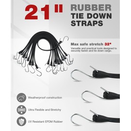 Bungee Cords Heavy Duty Outdoor 21", 10 Pack Rubber Bungee Straps with Metal S Hooks, EPDM Tarp Straps for Cargo, Canopy, All-Weather Use, 180 lbs Load