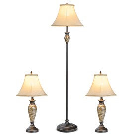Tangkula Table and Floor Lamp Set, 3-Piece Traditional Style Lamp Set with Linen Fabric Lamp Shades and Weighted Bases for Living Room, Bedroom, 29” and 61” (H)