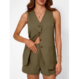 AUTOMET Summer Sets for Women Two Piece Vacation Outfits Short Set Button Down Business Casual Dressy 2 Piece Clothes 2025 Camel M