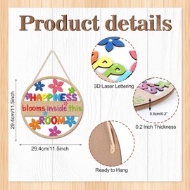 CHDITB Happiness Blooms Inside This Room Front Door Sign(12"x12"), Wooden 3D Classroom Welcome Decoration Wall Hanging, Colorful Back to School Decor for Daycare Classroom