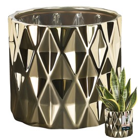 KOTARBAU® Ceramic Flower Pot Planter Glazed Gold Cylindrical Shape Indoor Diameter 120 mm