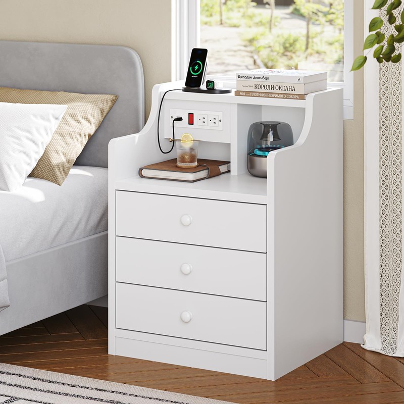ADORNEVE Nightstand with Charging Station,White Night Stand with Hutch,Bedside Table