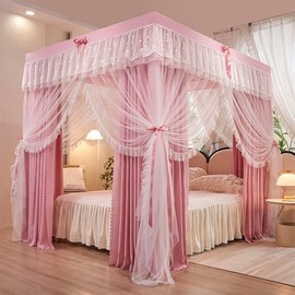 SCMTYWCQ 4 Corners Post Solid Color Bed Canopy Curtain Double Layer-Curtain & Ruffle Princess Mosquito Net 4 Opening Netting for Girls Teens Or Adults Bedroom Decoration (Pink, Queen)
