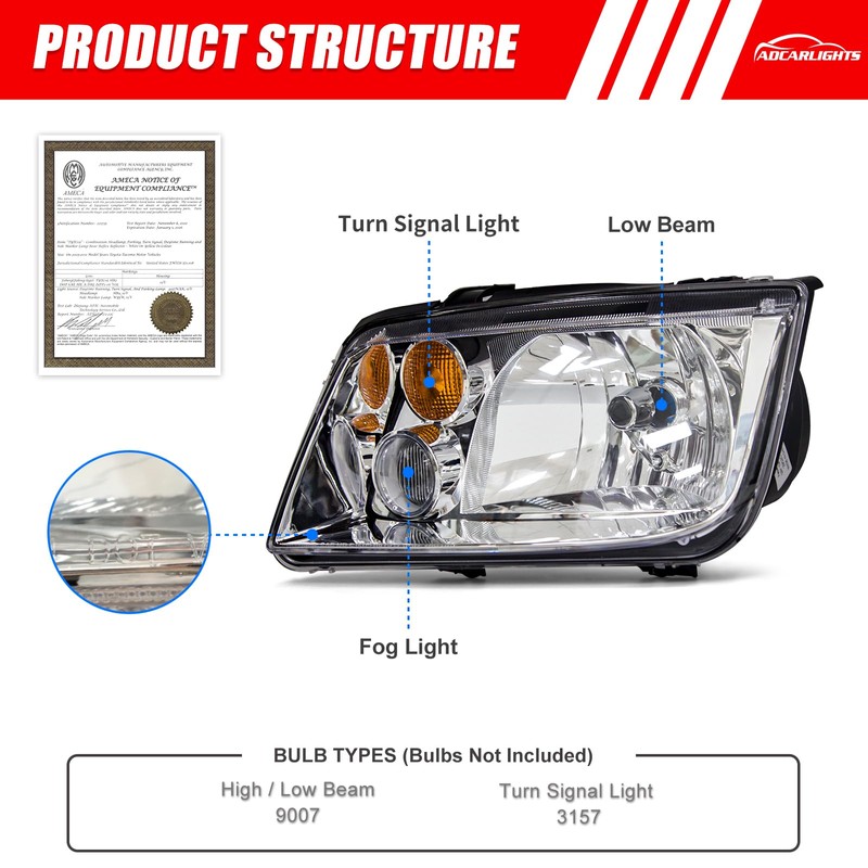 ADCARLIGHTS Headlight Assembly Pair for 1999-2005 Volkswagen Jetta MK4 Clear