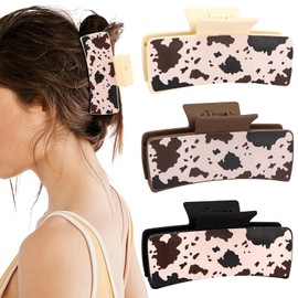 Hapdoo 3pcs Cow Print Western Leather Square Hair Clips, Matte Faux Neutral Decor Gifts Stuff Cowhide Highland Accessories for Women Cowgirl