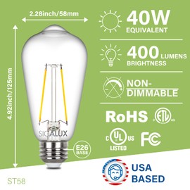 Sigalux Edison Bulbs, E26 LED Bulb ST58 Filament Clear Non-Dimmable Vintage Light Bulbs 40W Equivalent 400LM Soft White 2700K 15, 000hrs 4 Pack