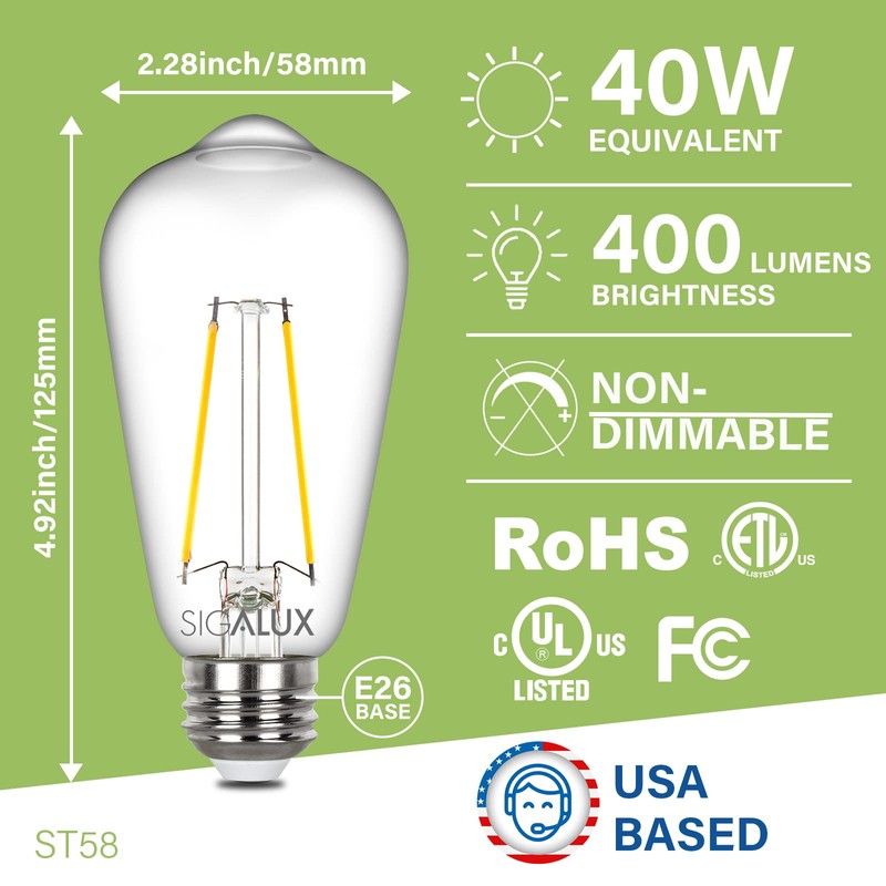 Sigalux Edison Bulbs, E26 LED Bulb ST58 Filament Clear Non-Dimmable