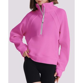 ISEEGZ Womens Fleece Lined Half Zip Pullover Cotton Winter Warm Scuba Collar Sweatshirt for Women with Thumbhole Pocket Rose Pink